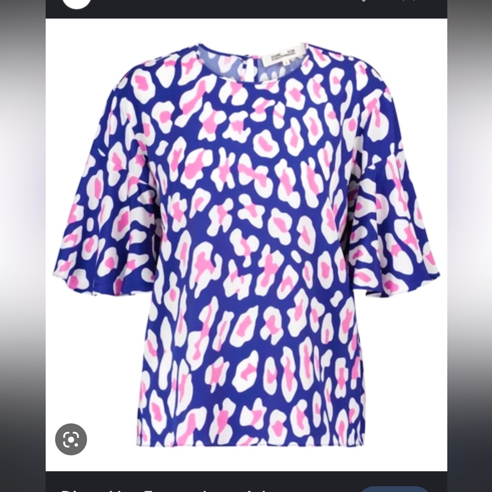 *SOLD* Diane Von Furstenberg, purple leopard top, ruffle short sleeves, size 10